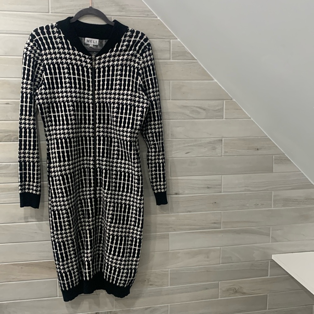 MELI Houndstooth Zipper Sweater Dress/Cardigan